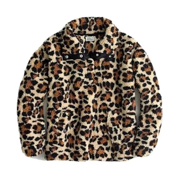J.Crew Vintage Sherpa Leopard Snap Collar Fleece Pullover Sz Small EUC Ski Snow - Picture 3 of 12